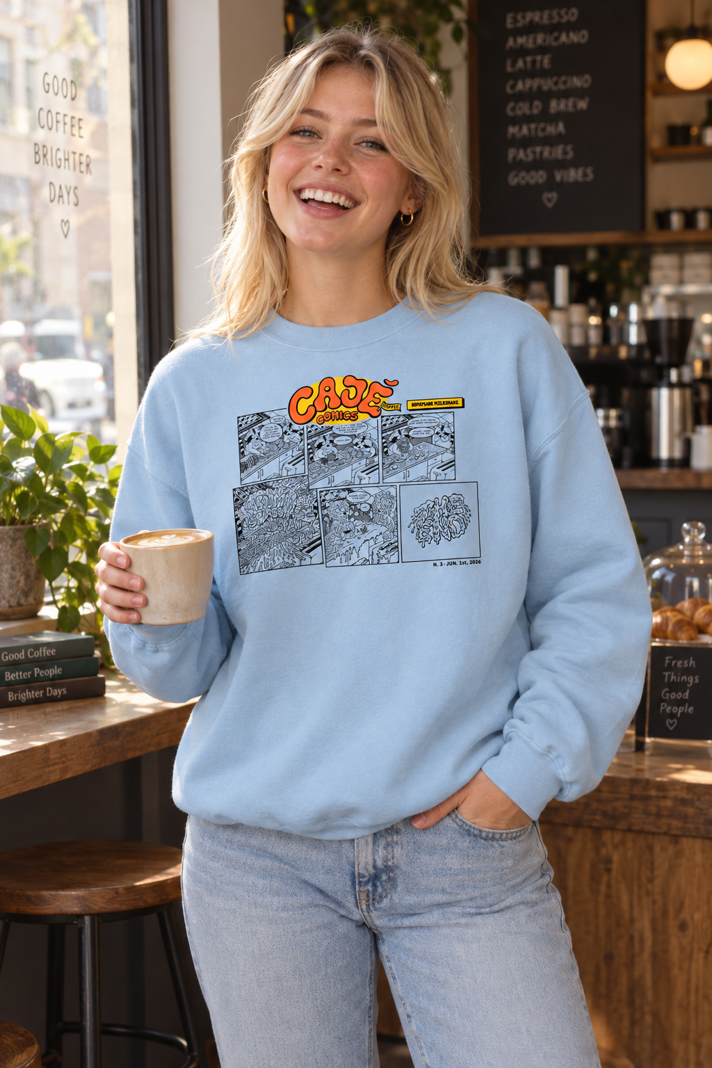 Cajé Comics #3 Crewneck Sweatshirt - Light Blue