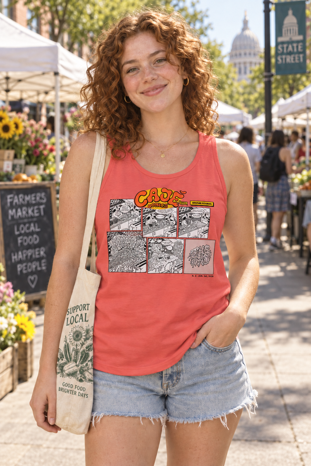 Cajé Comics #3 Tank Top - Coral