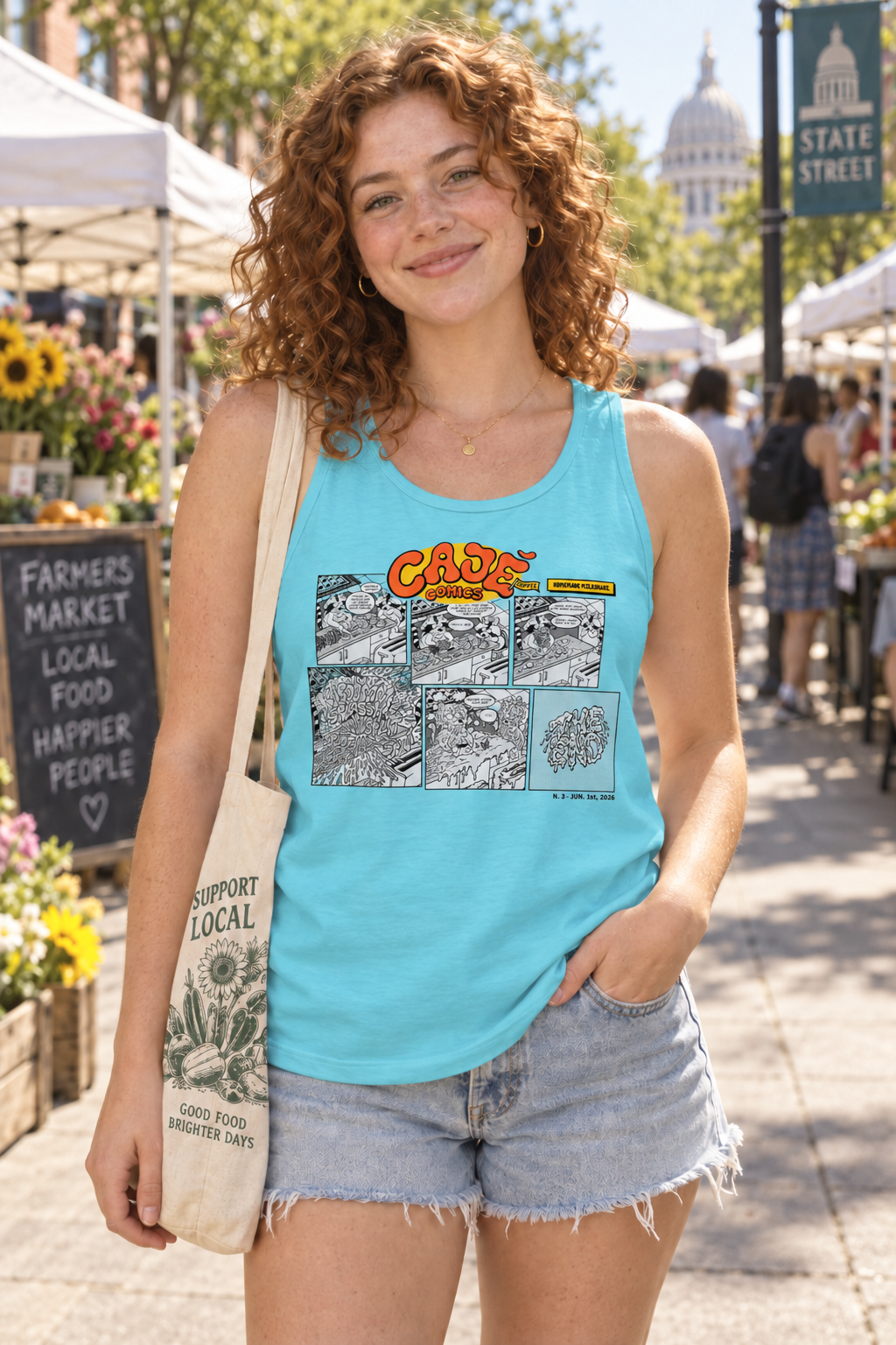 Cajé Comics #3 Tank Top - Pacific Blue
