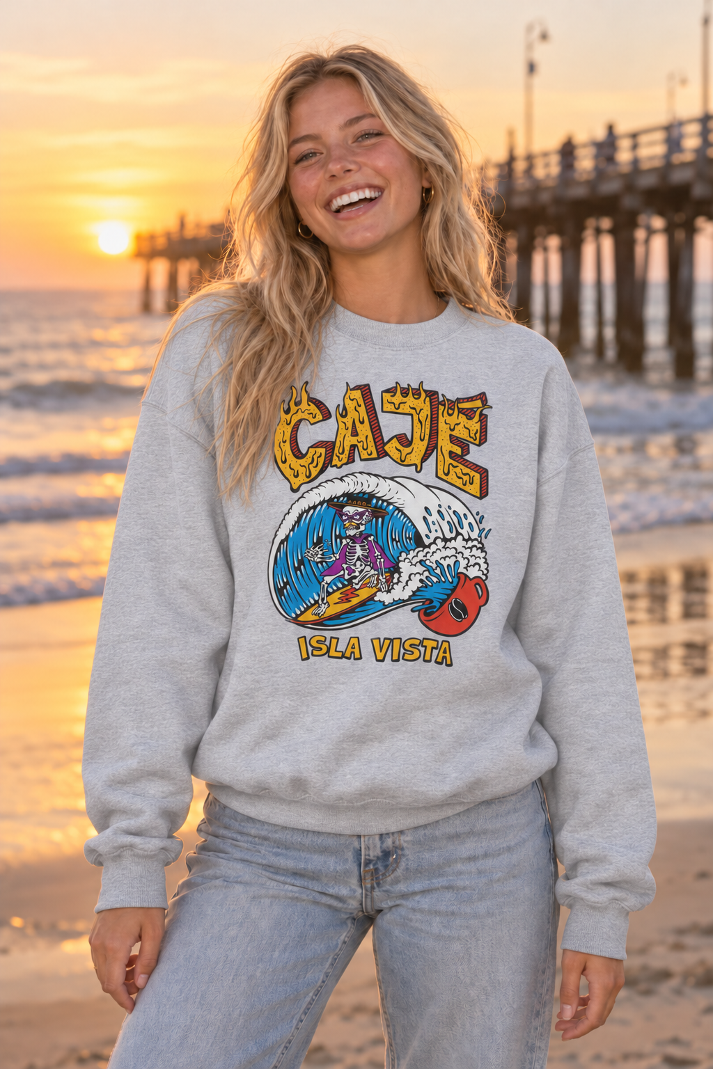 Coffee Cup Surfer Crewneck Sweatshirt - Ash
