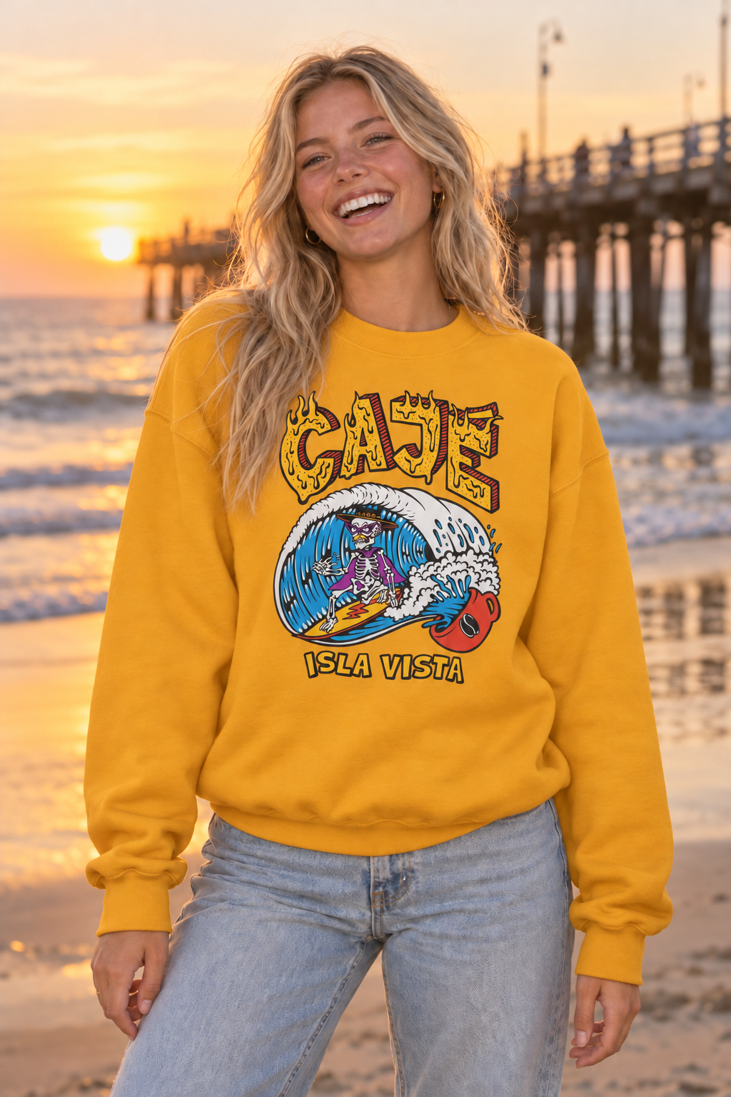 Coffee Cup Surfer Crewneck Sweatshirt - Gold