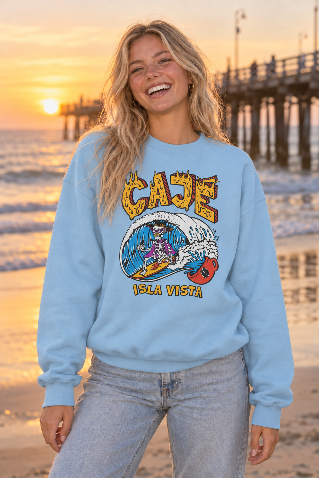 Coffee Cup Surfer Crewneck Sweatshirt - Light Blue
