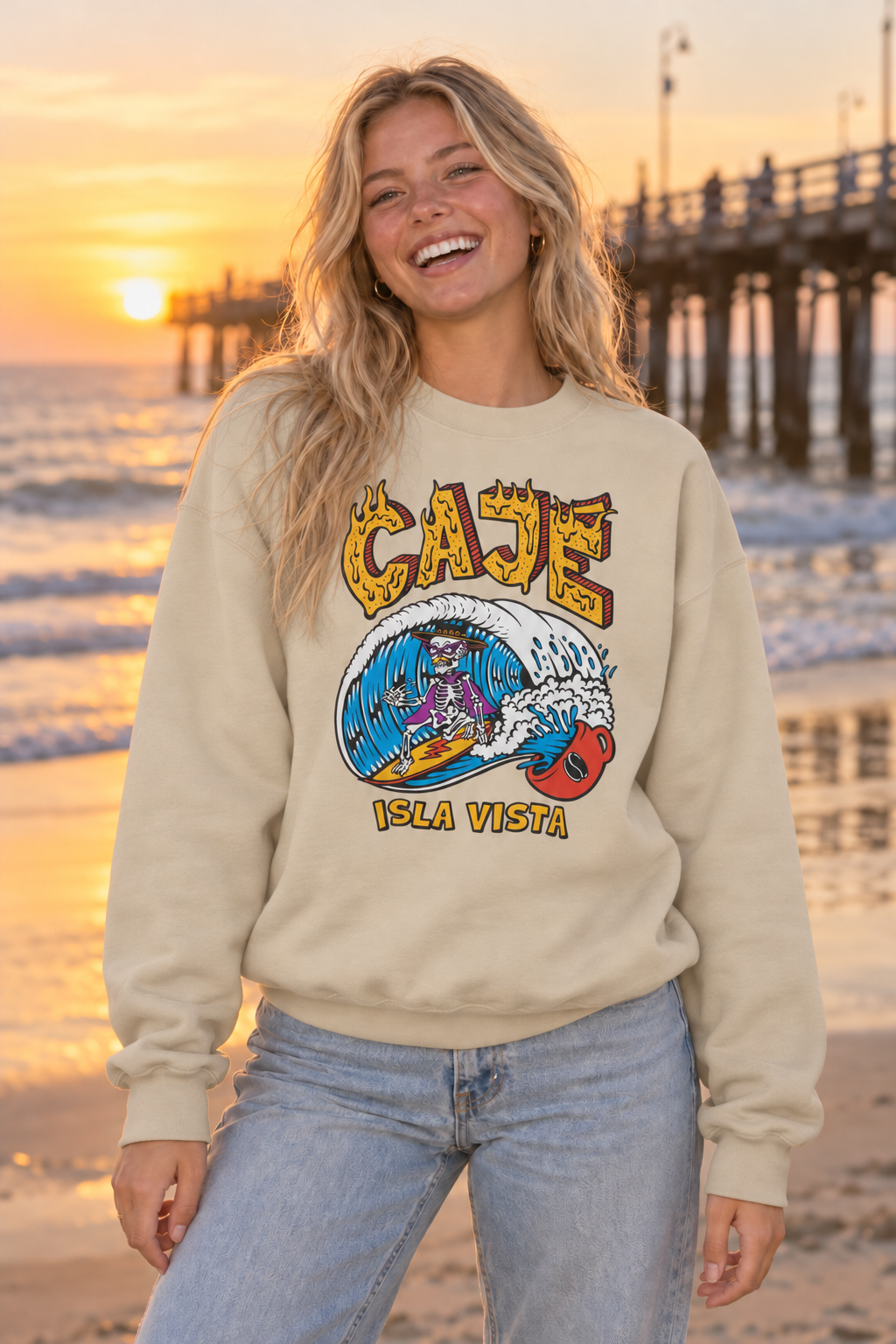 Coffee Cup Surfer Crewneck Sweatshirt - Sand