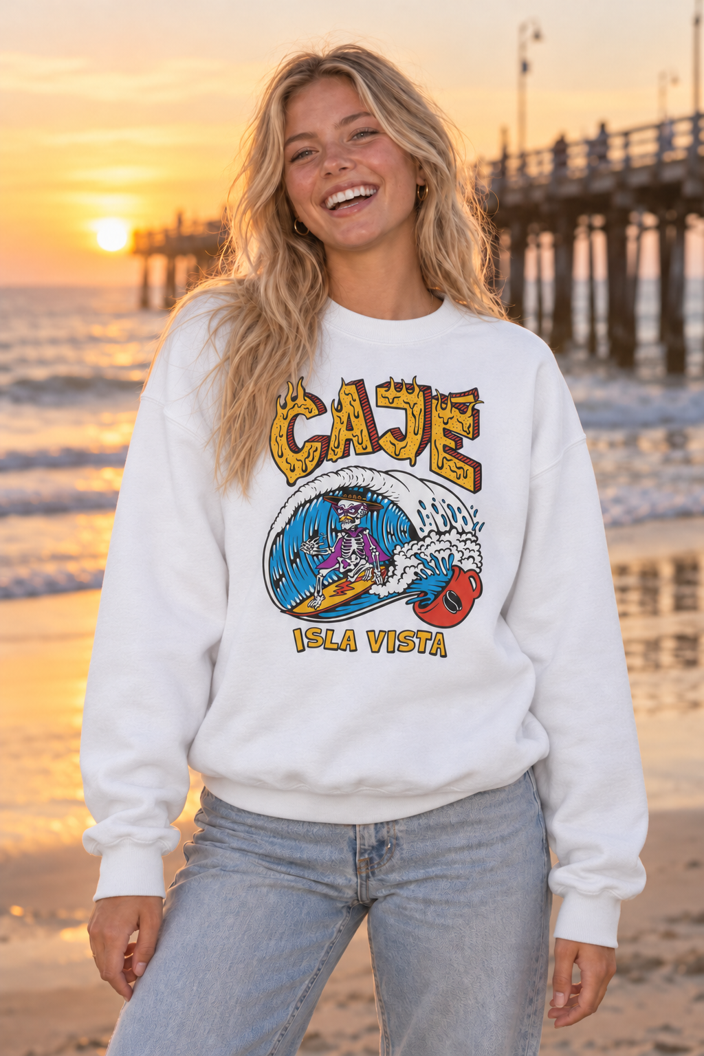 Coffee Cup Surfer Crewneck Sweatshirt - White