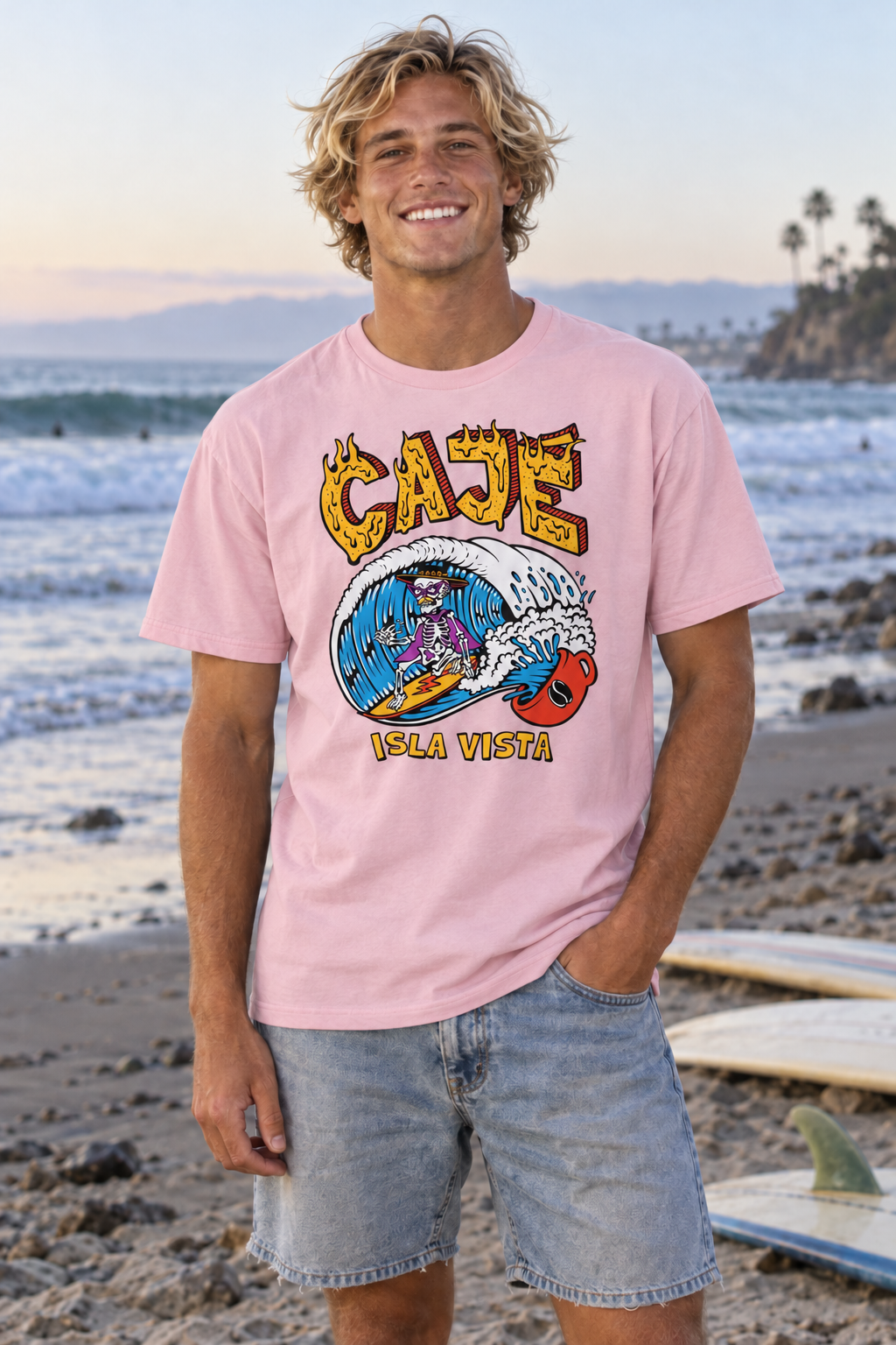 Coffee Cup Surfer T-Shirt - Light Pink