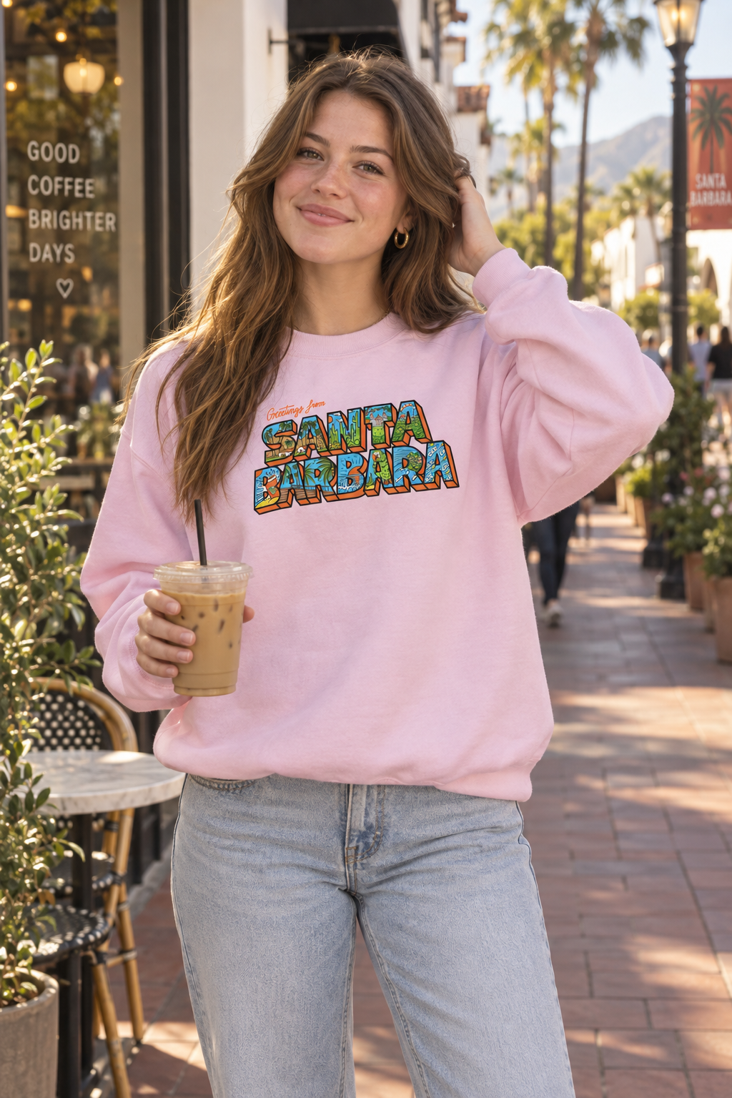Greetings from Santa Barbara Crewneck Sweatshirt - Light Pink