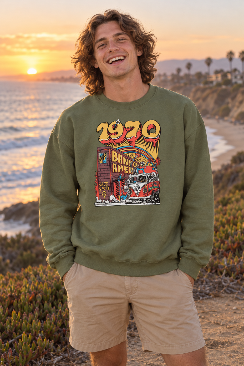 Isla Vista Riots 1970 Crewneck Sweatshirt - Military Green