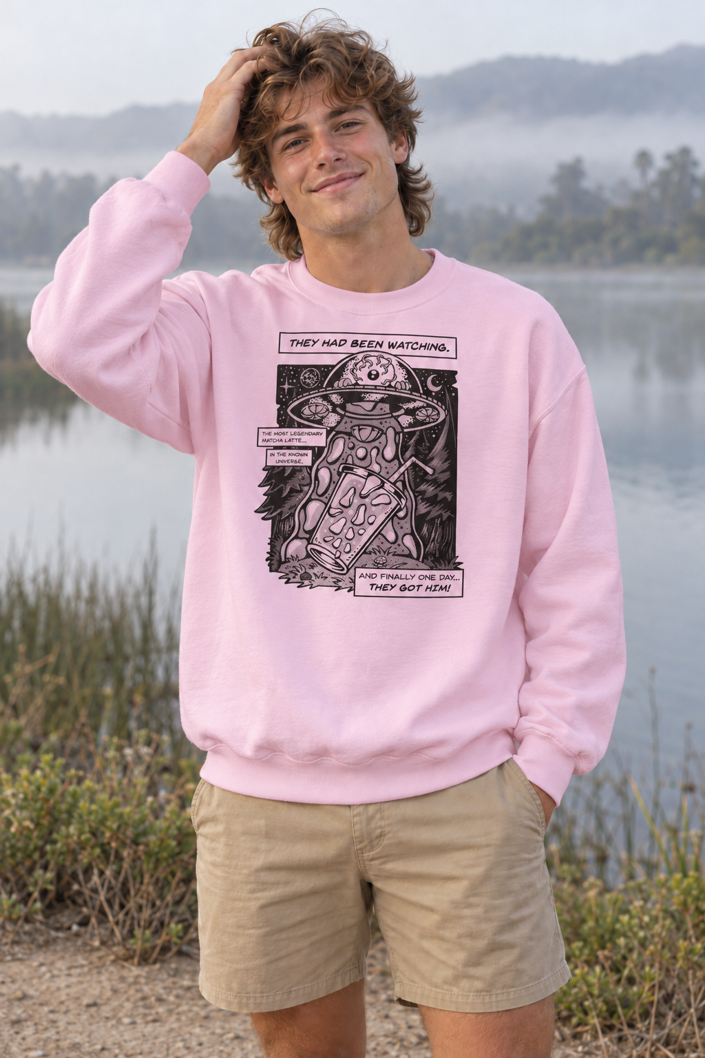 Matcha Abduction Crewneck Sweatshirt - Light Pink