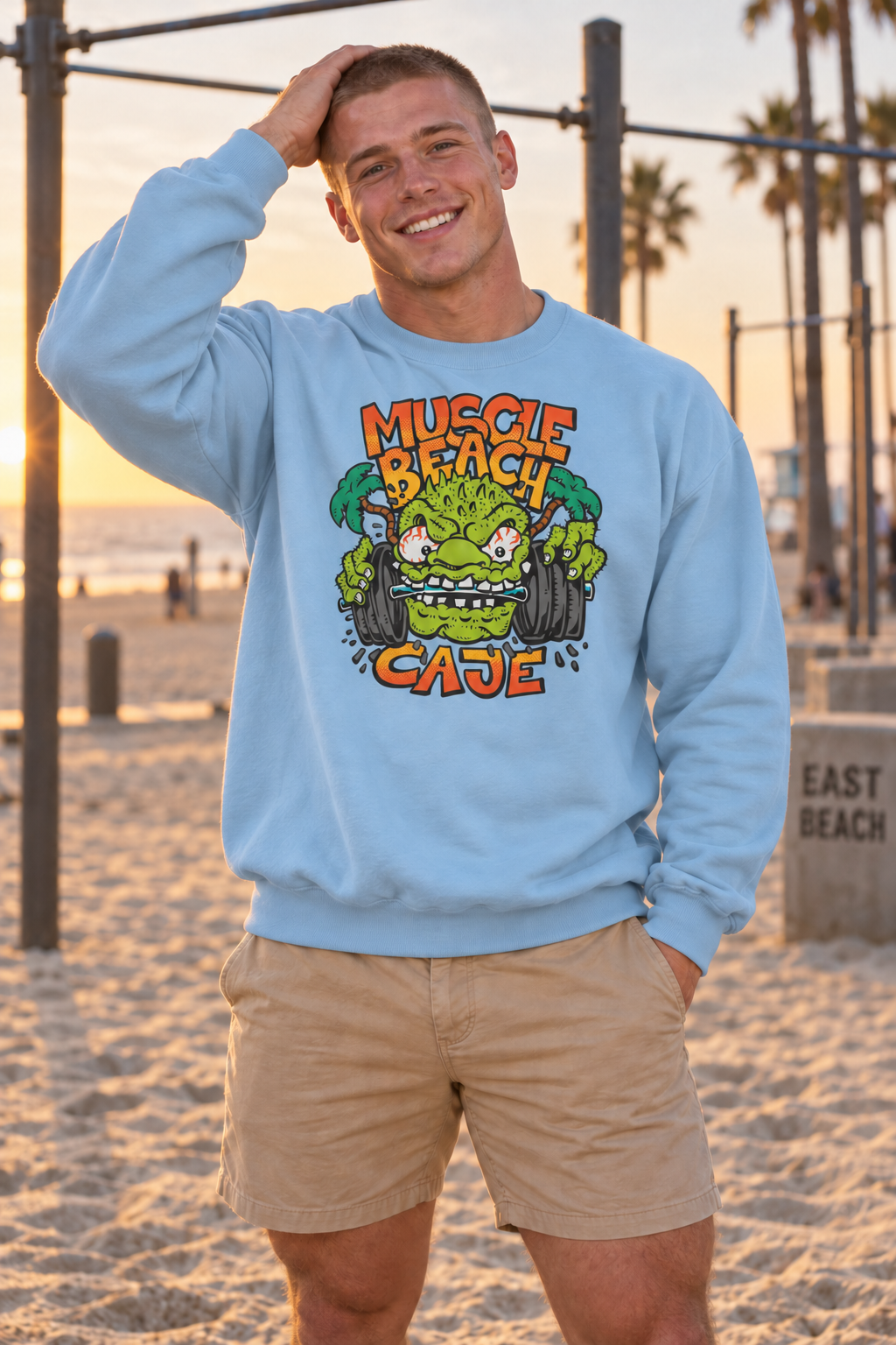 Muscle Beach Crewneck Sweatshirt - Light Blue