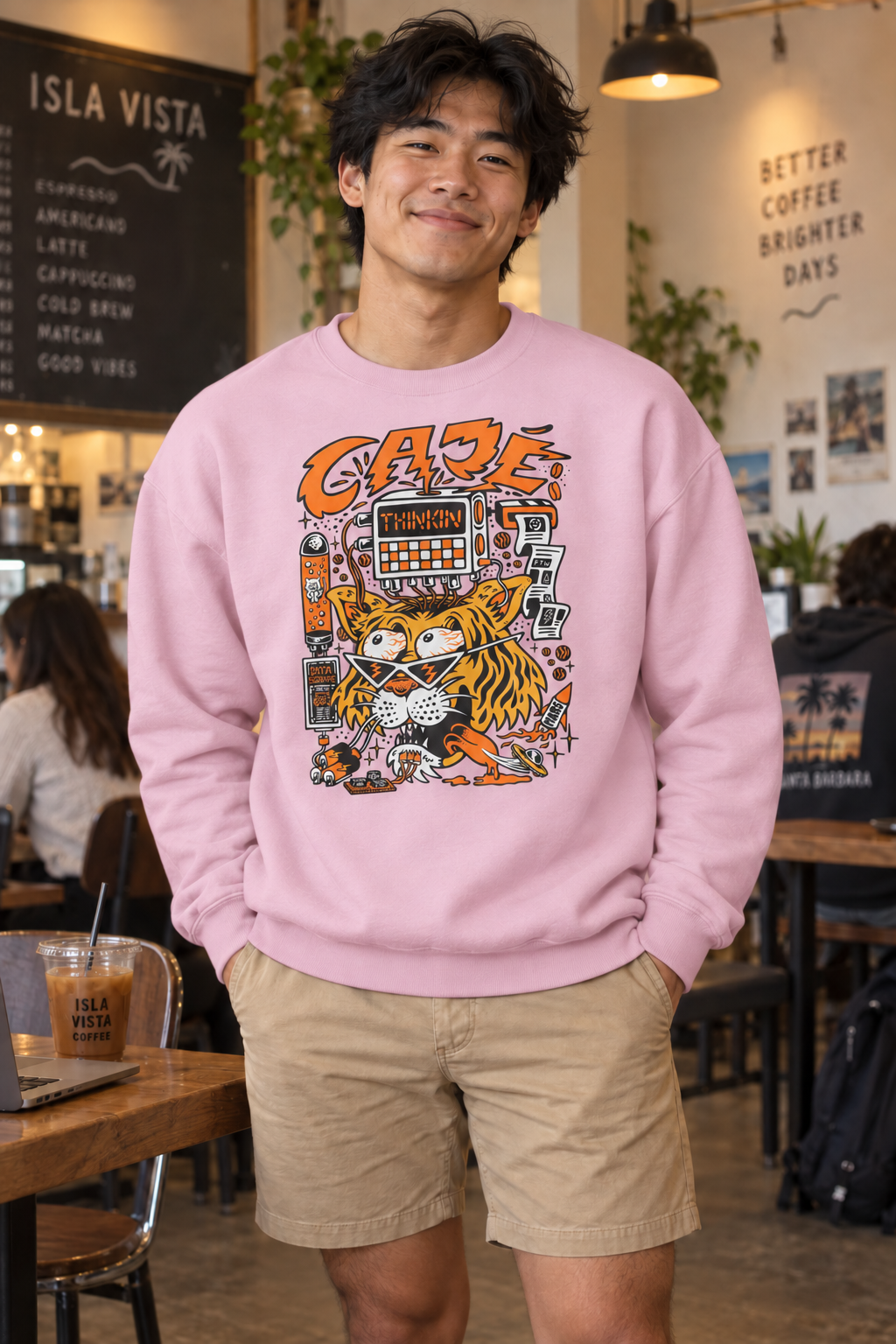 Thinkin' Tiger Crewneck Sweatshirt - Light Pink