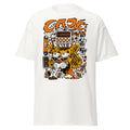 Thinkin' Tiger tee in white — cartoon tiger in lightning sunglasses wired into a retro THINKIN computer, with cloning tube and coffee doodles