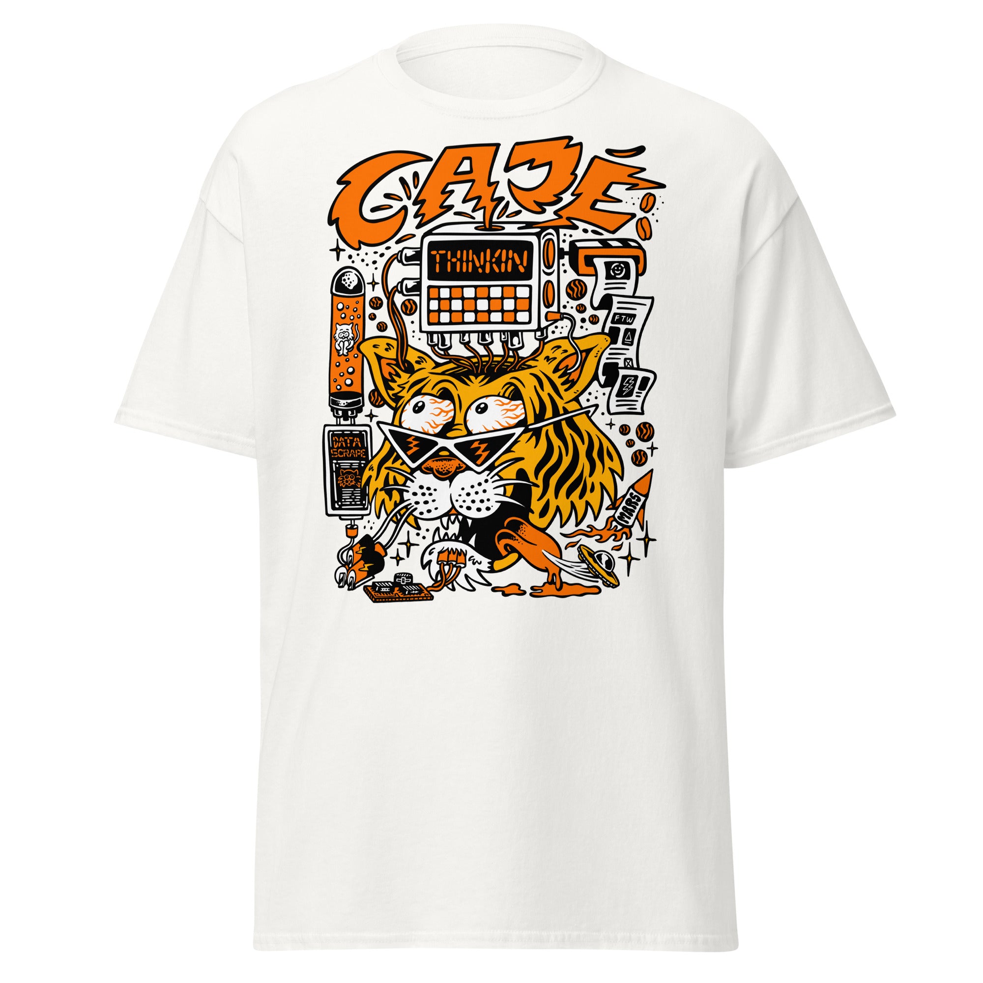 Thinkin' Tiger tee in white — cartoon tiger in lightning sunglasses wired into a retro THINKIN computer, with cloning tube and coffee doodles