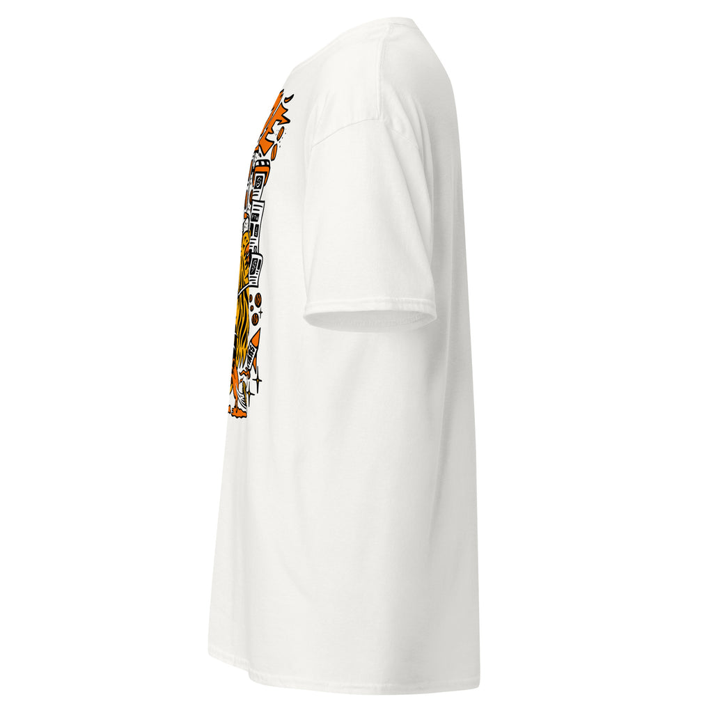 Thinkin' Tiger tee in white — left side view