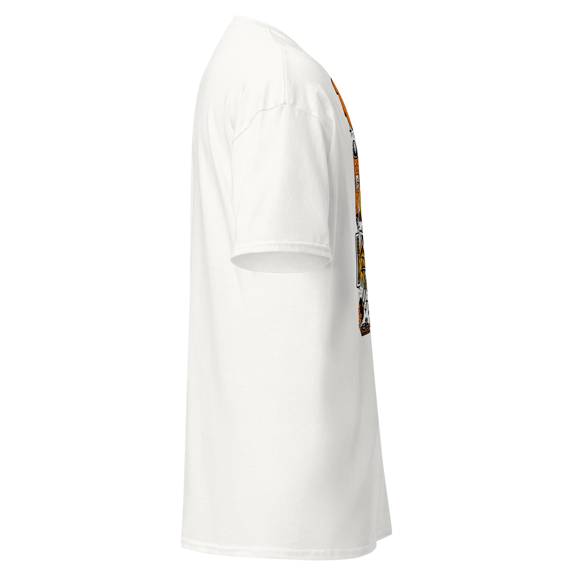 Thinkin' Tiger tee in white — right side view